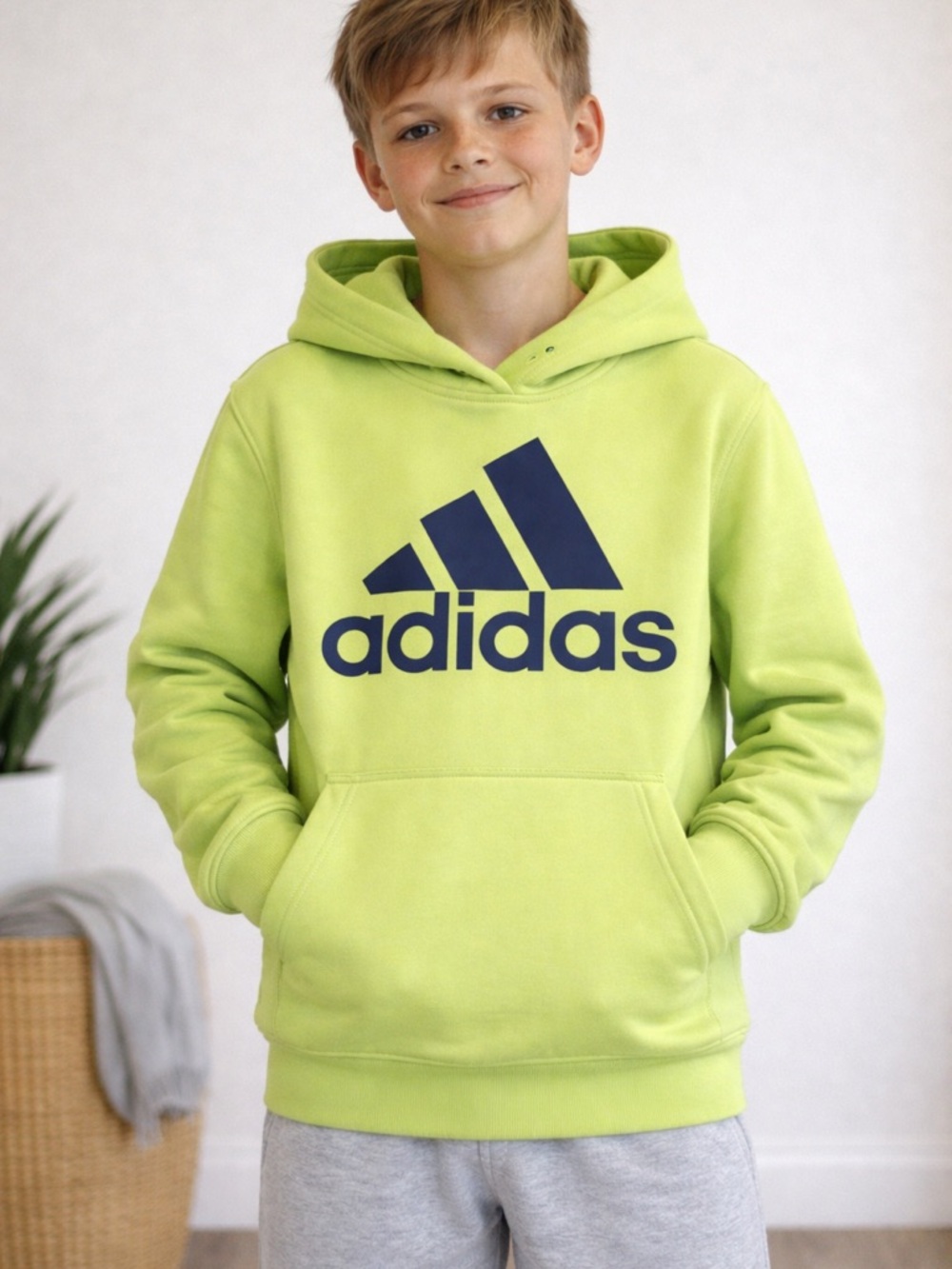 Adidas Youth Lime Green Fleece Hoodie Size 10-12 Medium NWT Logo Pullover